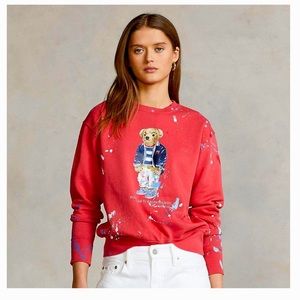 POLO RALPH LAUREN Women’s Red POLO BEAR Paint Splatter Crewneck Sweatshirt NWT